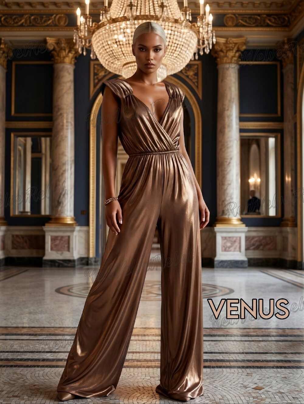 NEW VENUS Gold Metallic Cap Sleeve V-neck Wideleg Cocktail Evening Jumpsuit Sz M